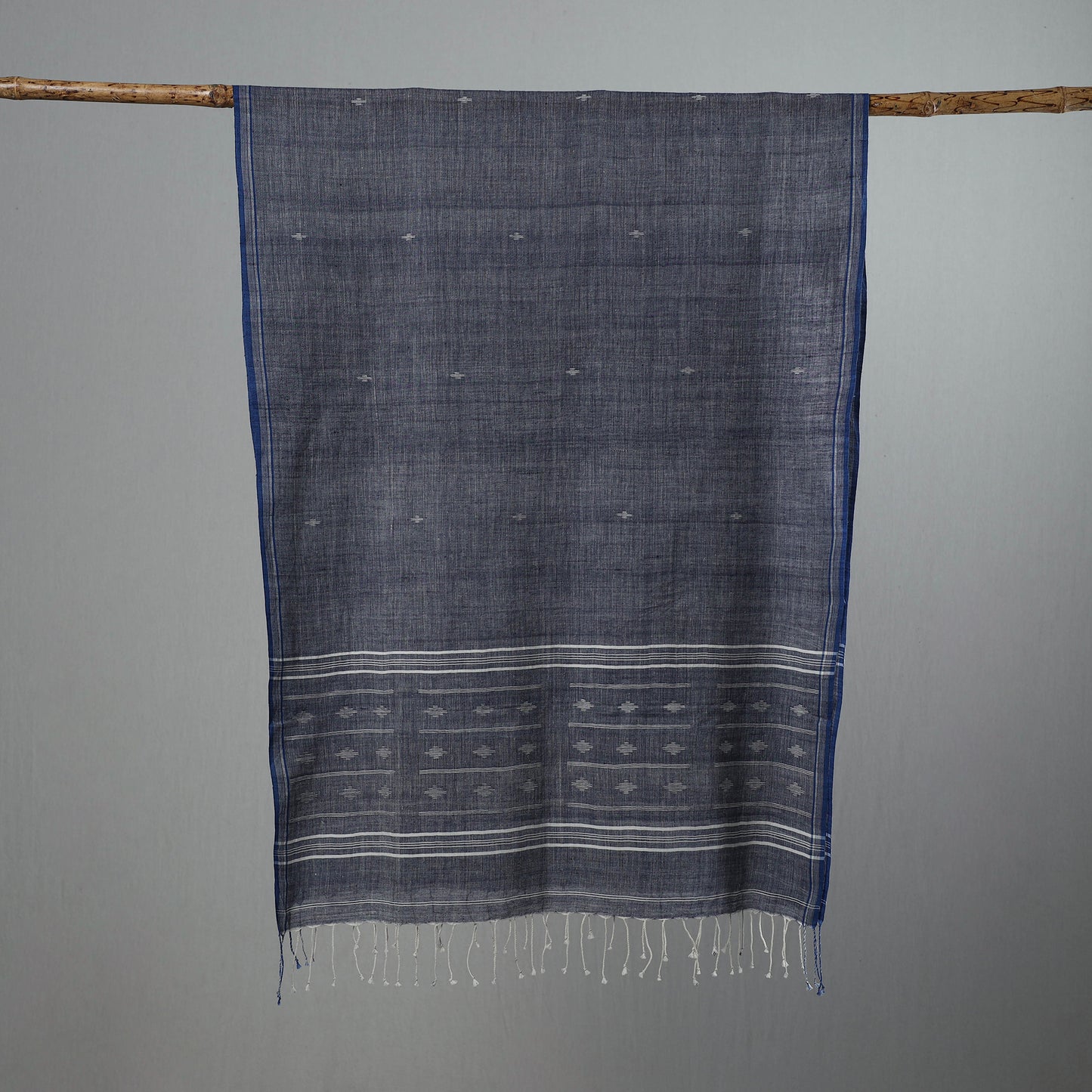 Grey - Burdwan Jamdani Cotton Handloom Stole with Tassels 15