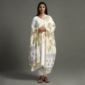  Sanganeri Block Printed Handloom Chanderi Silk Zari Border Dupatta 92 