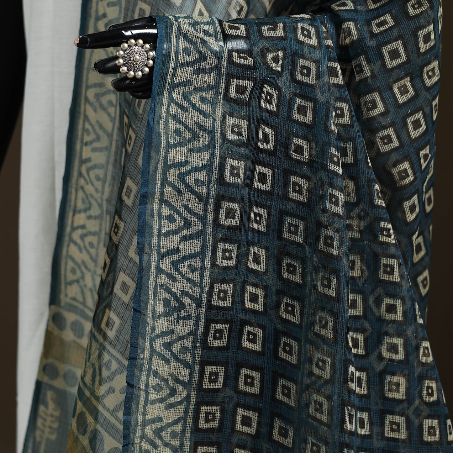 Grey - Gray - Ajrakh Vanaspati Hand Block Print Natural Dyed Kota Doria Cotton Dupatta 20