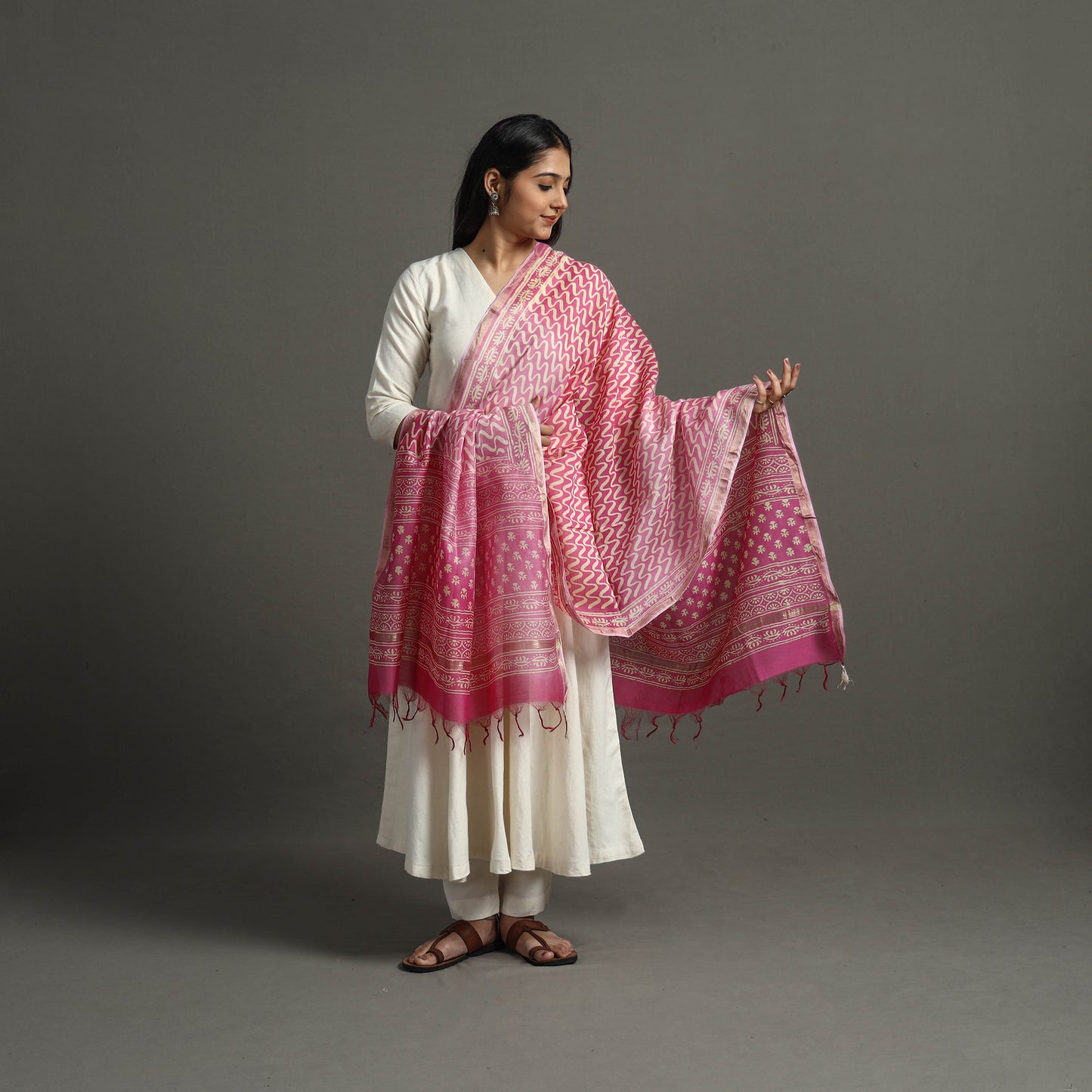 Pink - Block Printed Chanderi Silk Bagru Dupatta 34