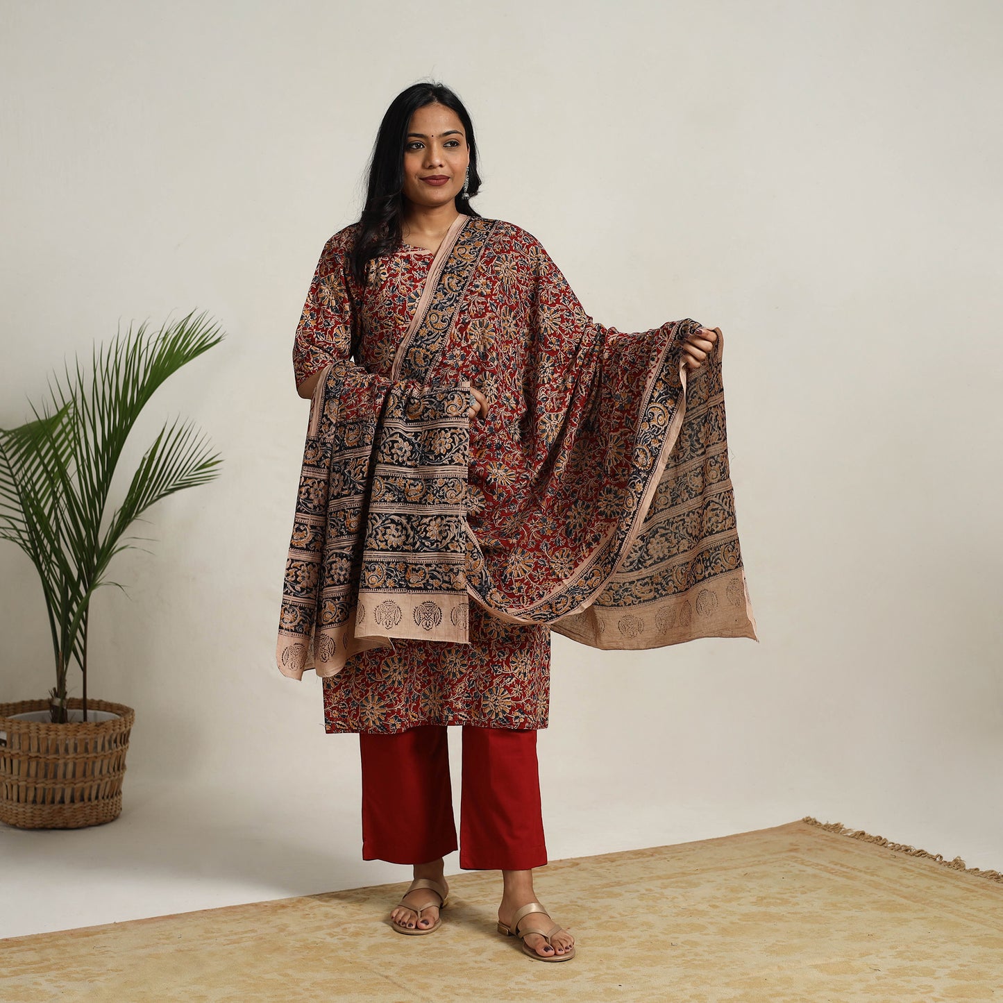 Red - printed cotton kalamkari kurta set 20 - handcrafted