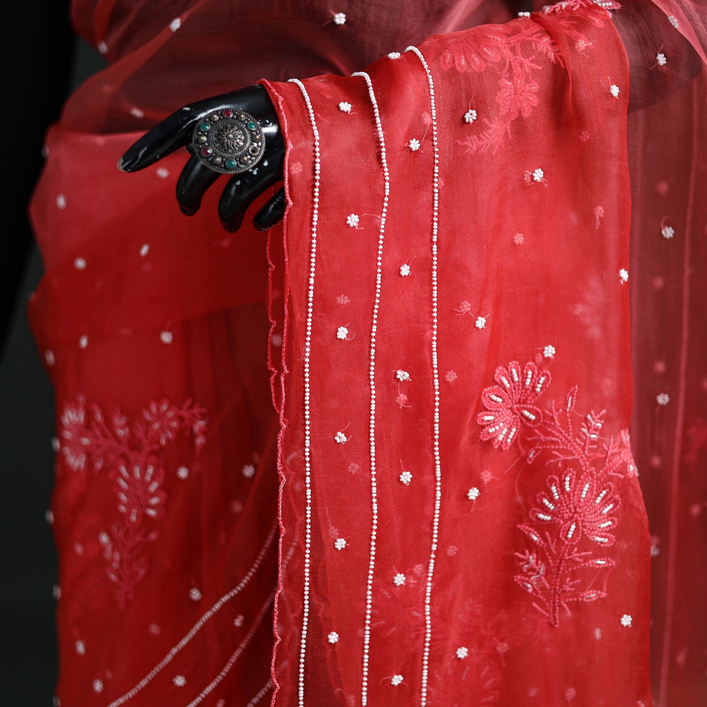 Lucknowi Chikankari Heavy Bead Work Pure Organza Silk Saree 09