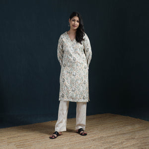 White - Hand Embroidered Printed Cotton Chikankari Kurta with Pant Set for Women 31