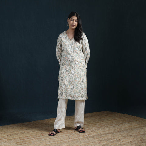White - Hand Embroidered Printed Cotton Chikankari Kurta with Pant Set for Women 31