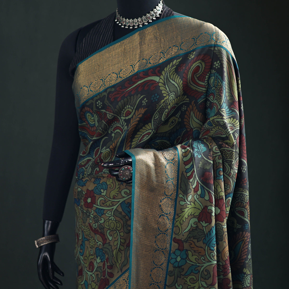 Kanjeevaram Pure Handloom Mulberry Silk Handpainted Srikalahasti Pen Kalamkari Saree with Zari Work 13