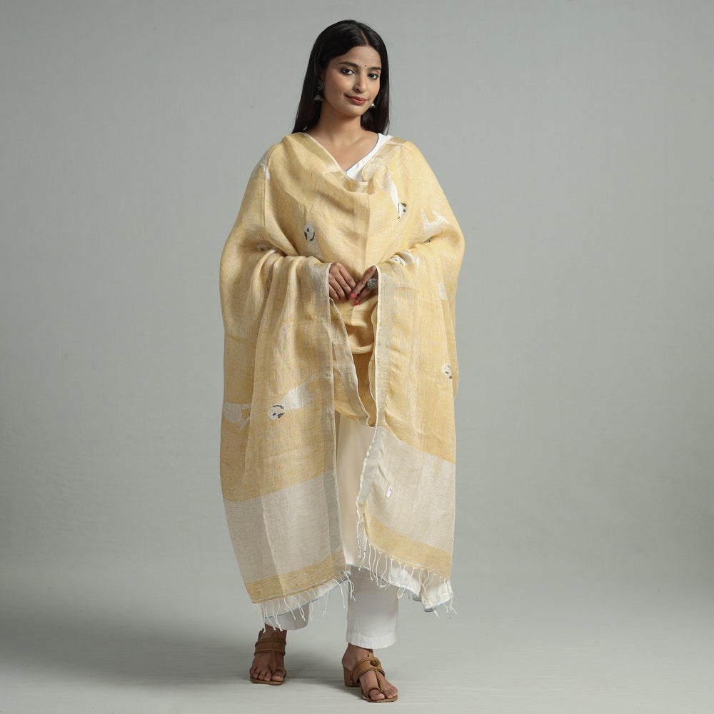 Beige - Bengal Jamdani Handloom Linen Dupatta with Tassels 20