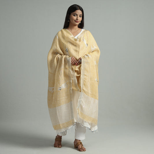 Yellow - Bengal Jamdani Handloom Linen Dupatta with Tassels 20