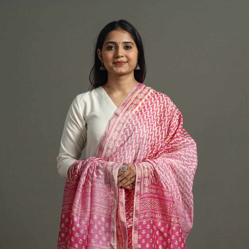 Pink - Block Printed Chanderi Silk Bagru Dupatta 34