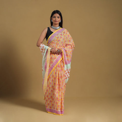 Yellow - Block Print Mul Cotton Sanganeri Saree 07