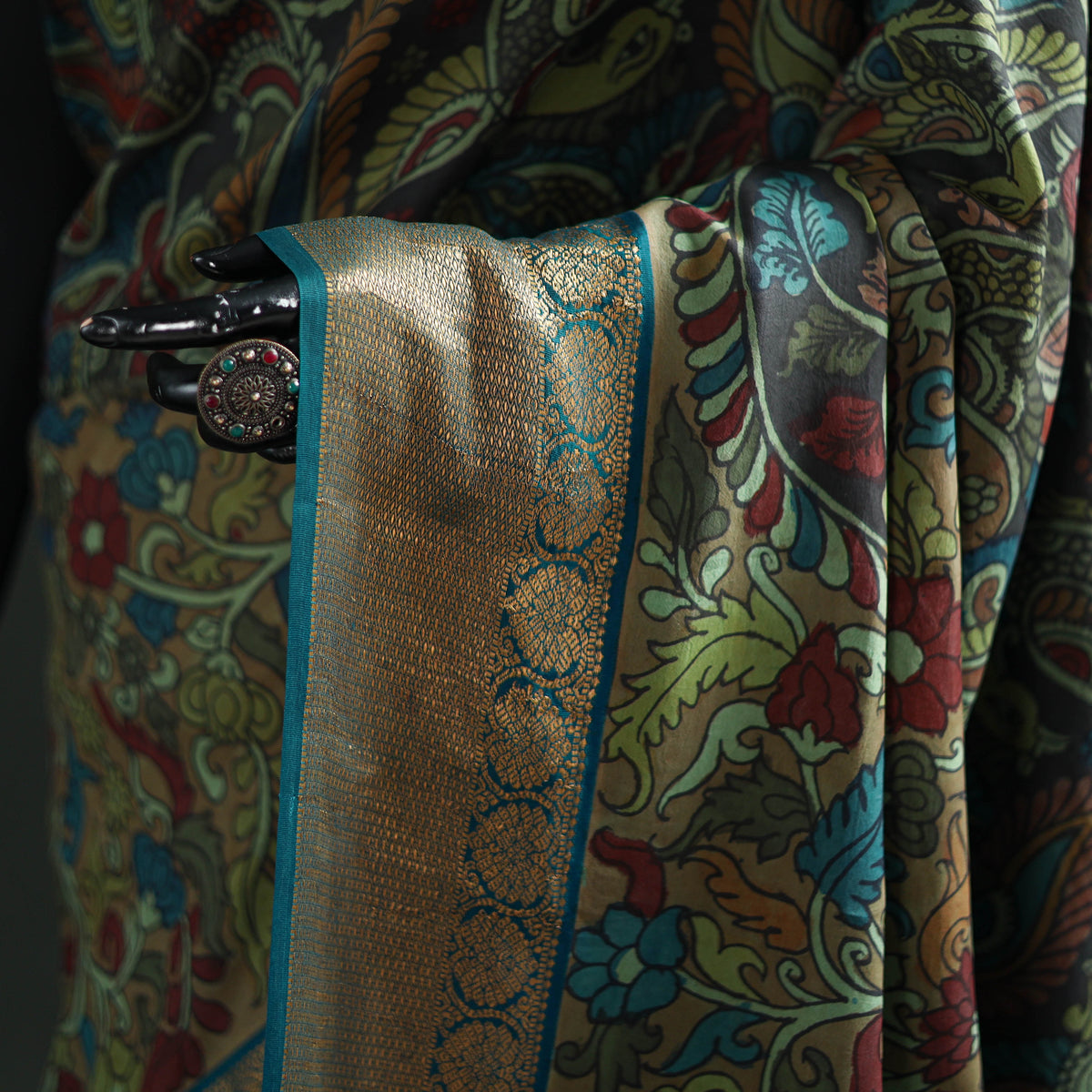 Kanjeevaram Pure Handloom Mulberry Silk Handpainted Srikalahasti Pen Kalamkari Saree with Zari Work 13