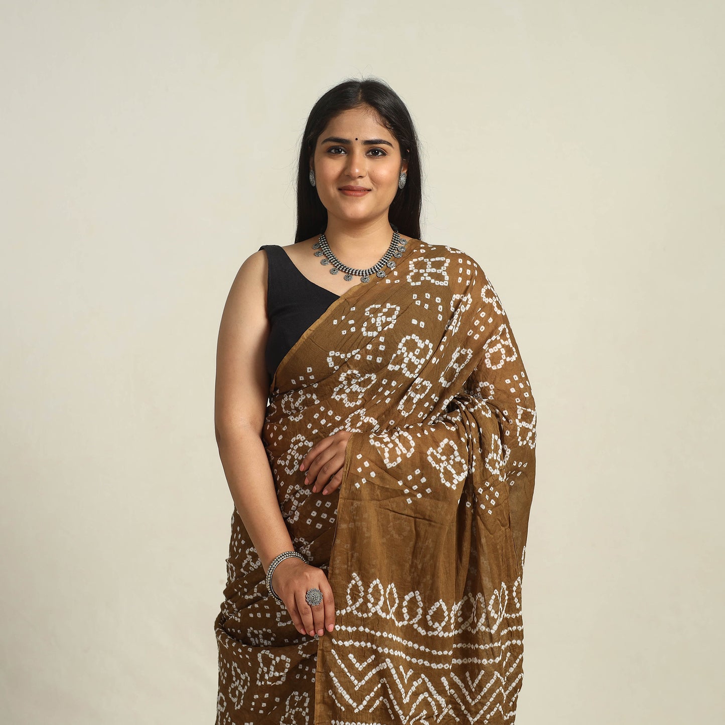 Brown - Kutch Bandhani Tie-Dye Cotton Saree with Blouse Piece