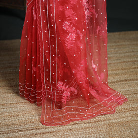 Lucknowi Chikankari Heavy Bead Work Pure Organza Silk Saree 09