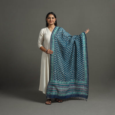 Blue - Block Printed Chanderi Silk Bagru Dupatta 35