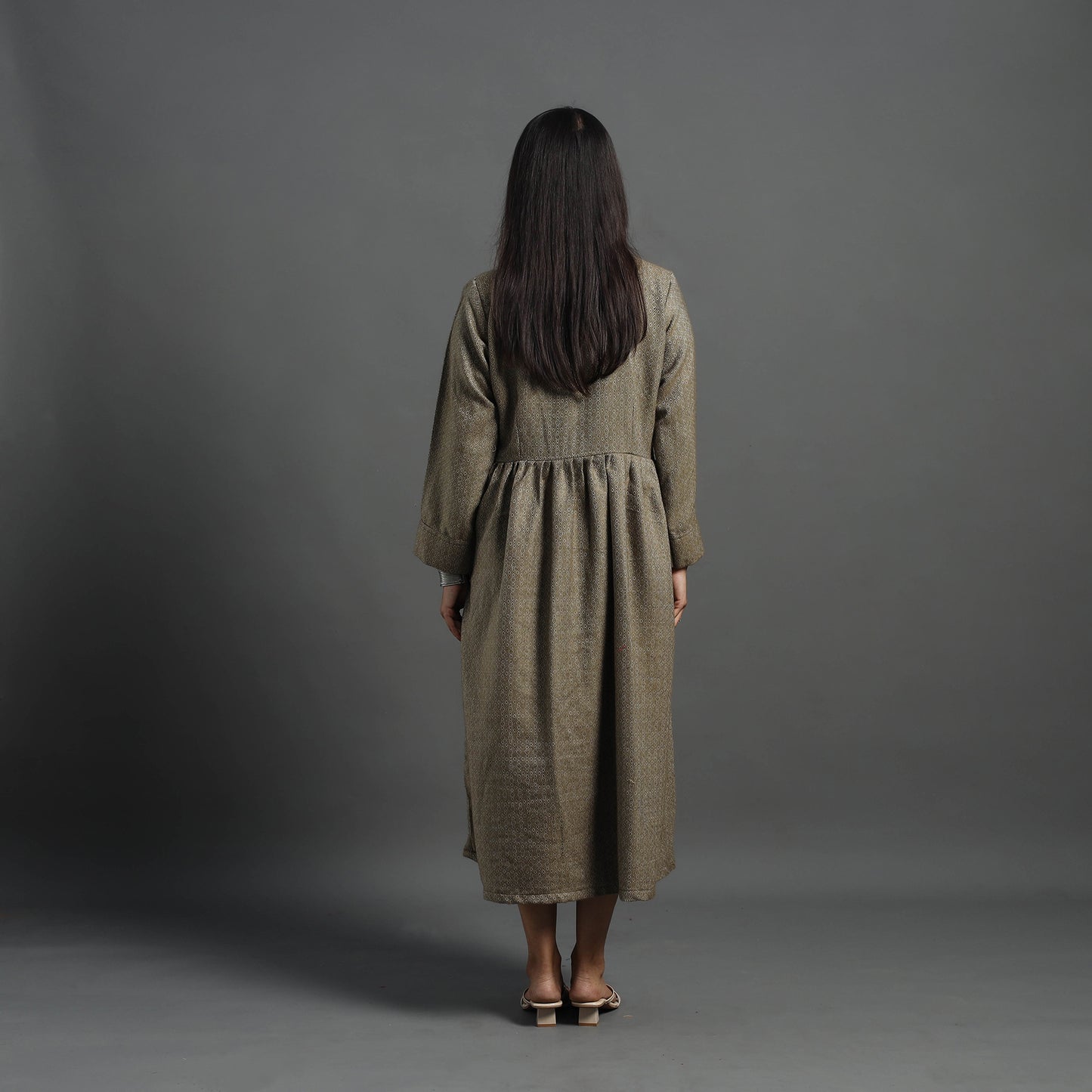 Zeenat Brown Plain Button Down Woollen Dress 09