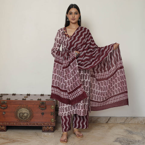 Brown - Hand Batik Printed Cotton Kurta with Palazzo & Dupatta Set 09