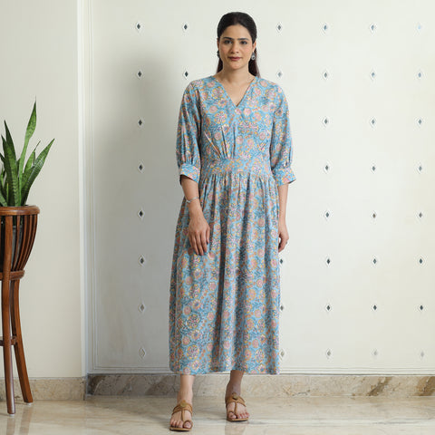 Light Blue - Sanganeri Block Printed Cotton Angrakha Flared Dress