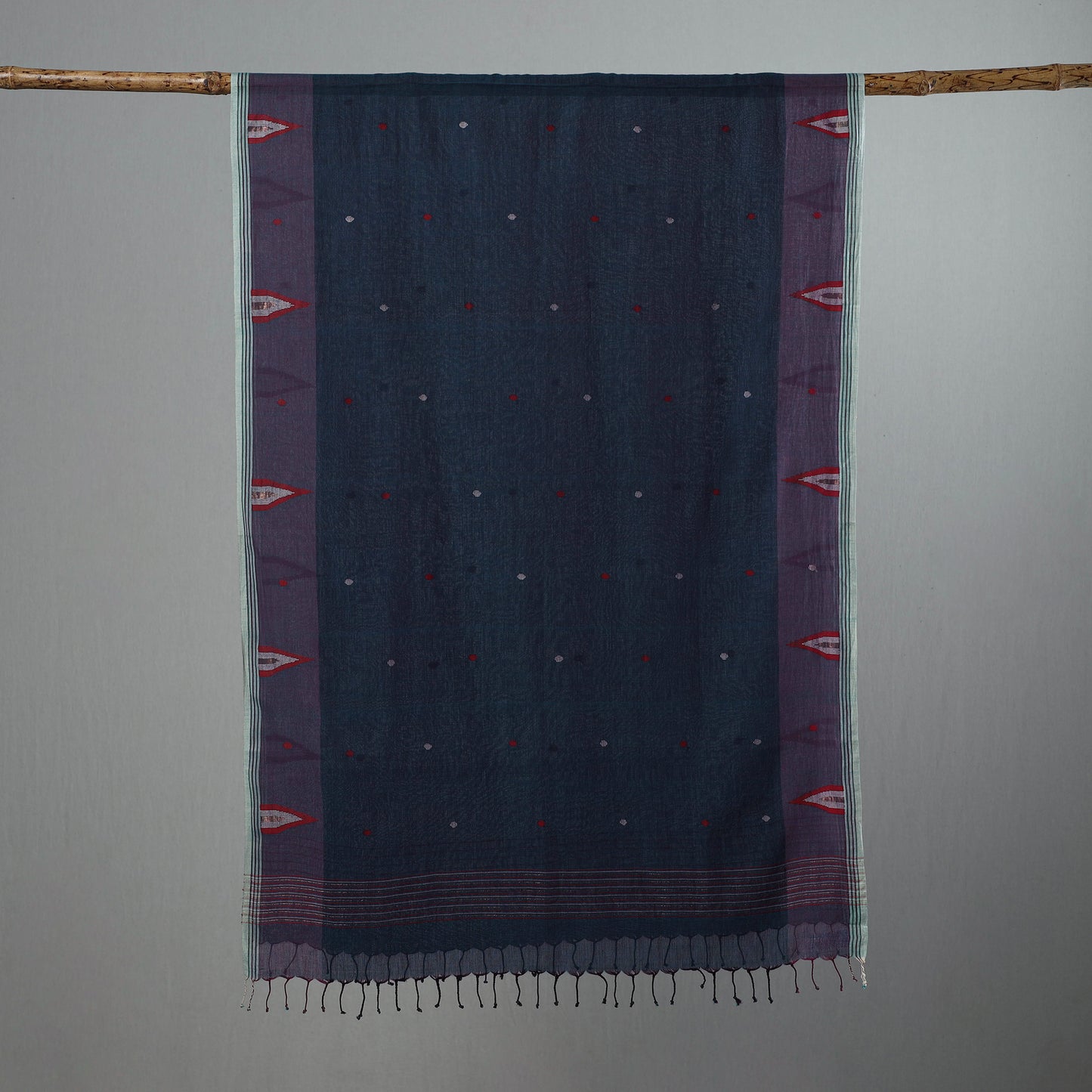 Blue - Burdwan Jamdani Cotton Handloom Stole with Tassels 17