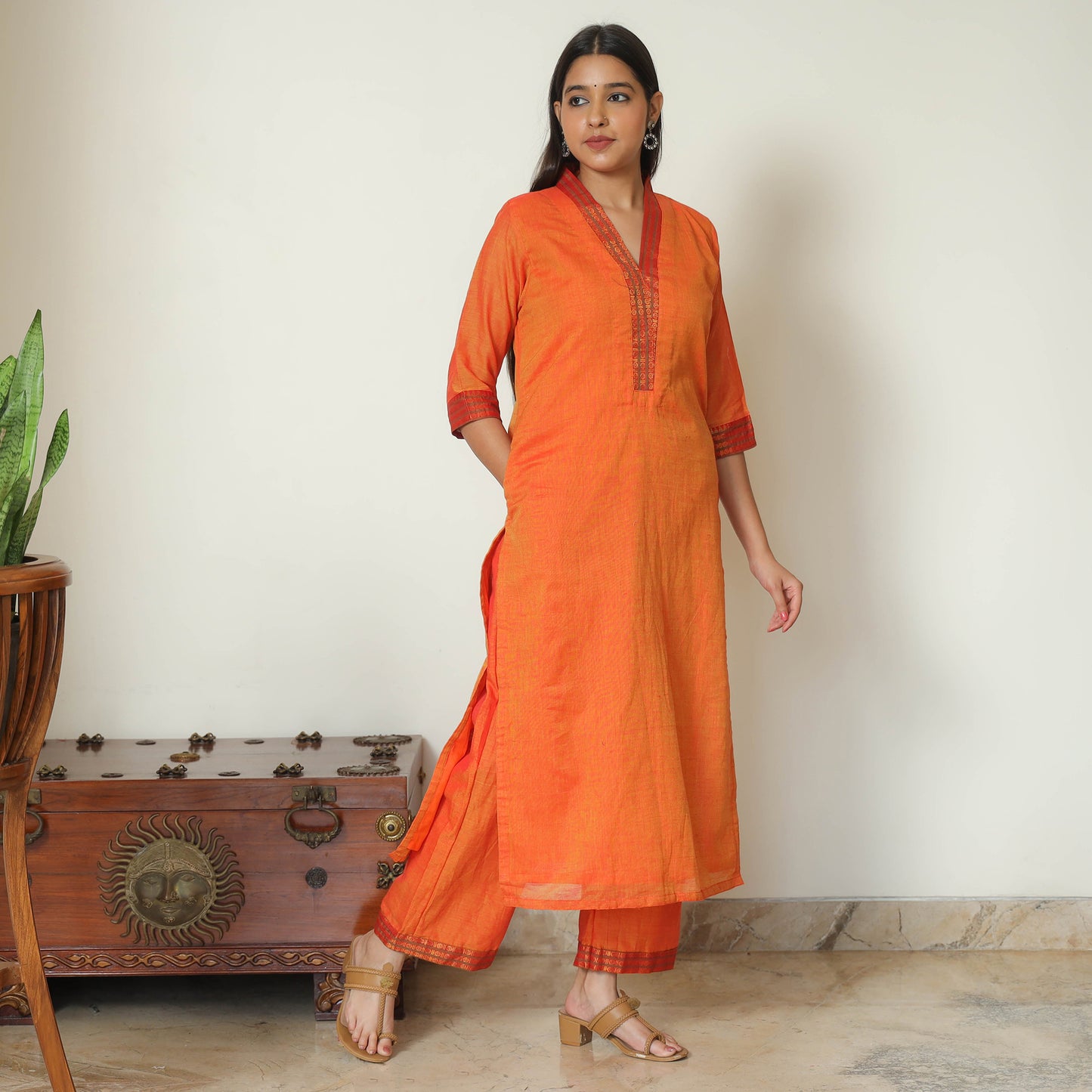 Orange - Dharwad Cotton Kurta with Palazzo & Dupatta Set 03