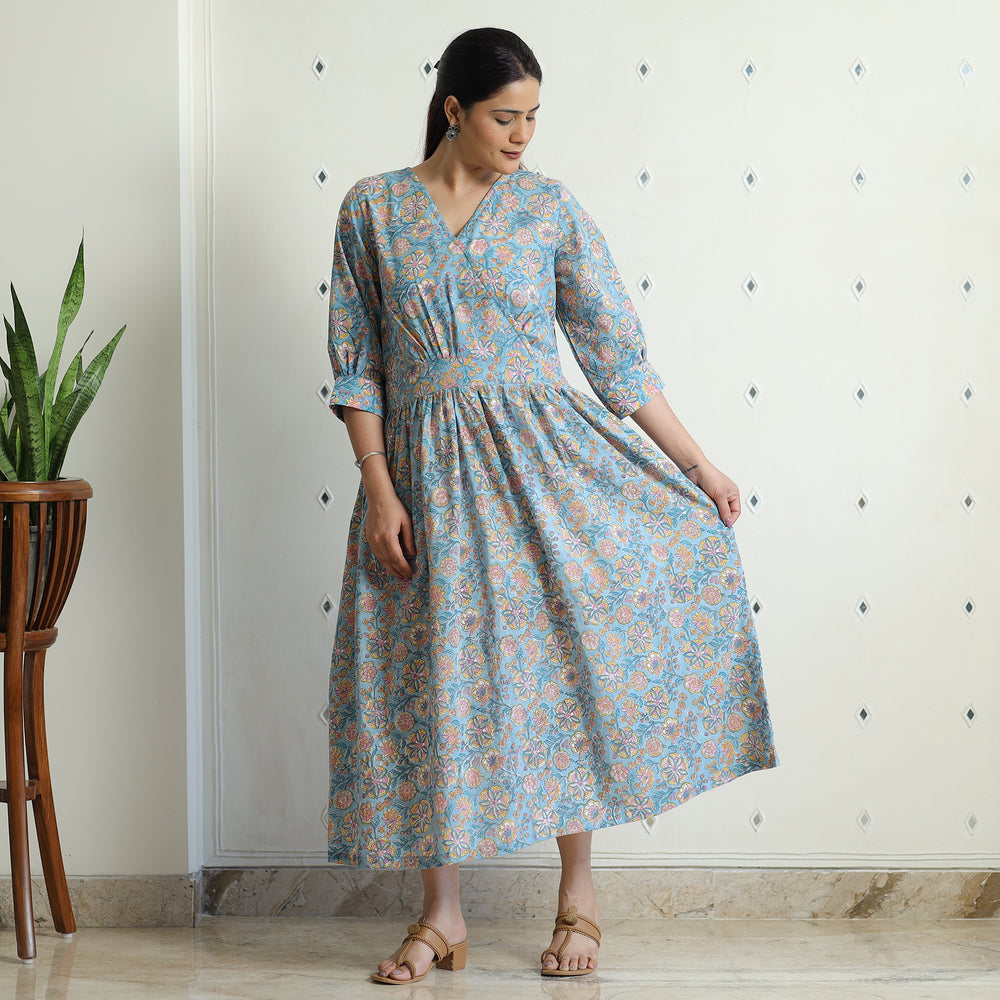 Light Blue - Sanganeri Block Printed Cotton Angrakha Flared Dress