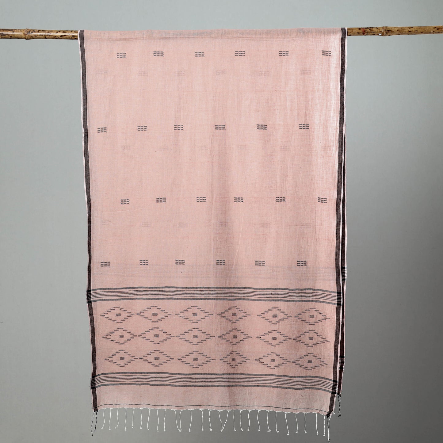 Pink - Burdwan Jamdani Cotton Handloom Stole with Tassels 23