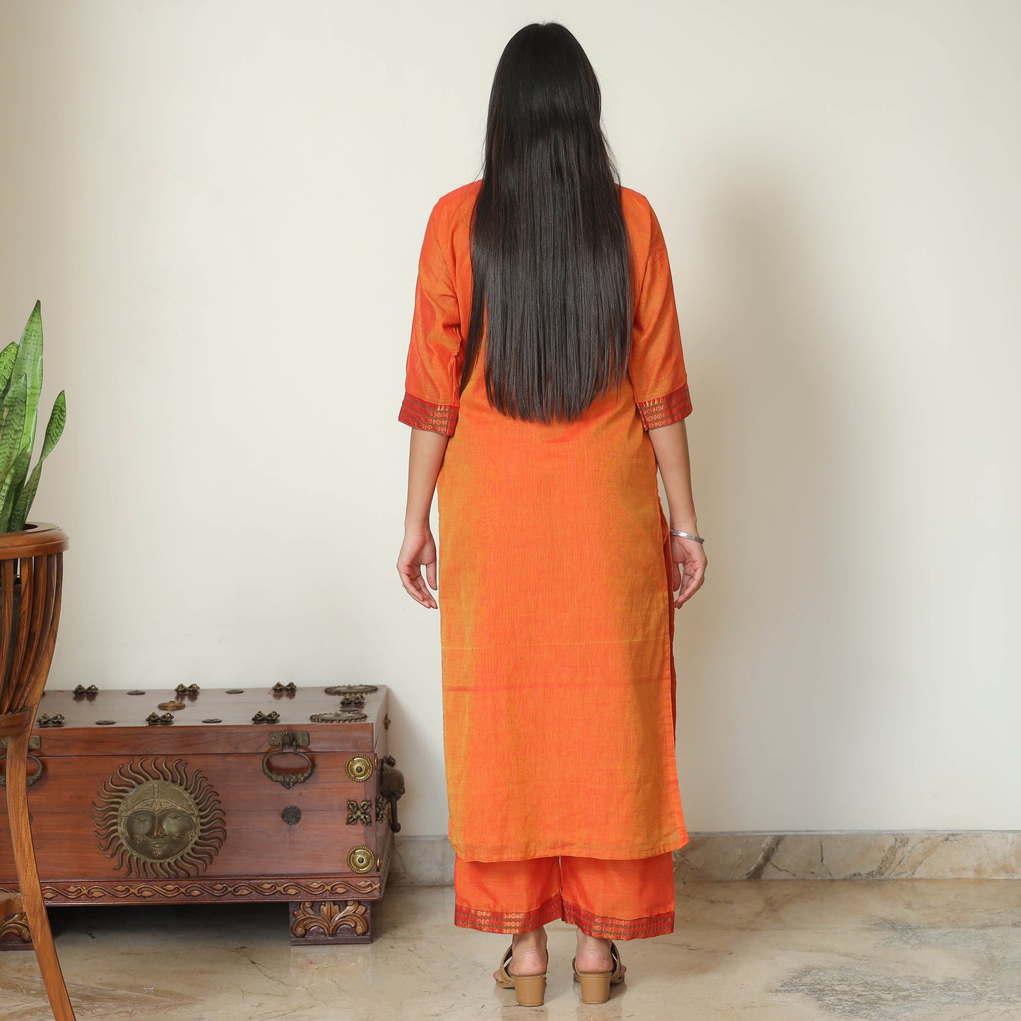 Orange - Dharwad Cotton Kurta with Palazzo & Dupatta Set 03