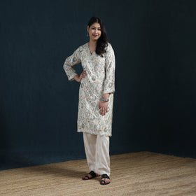 Beige - Hand Embroidered Printed Cotton Chikankari Kurta with Pant Set for Women 31