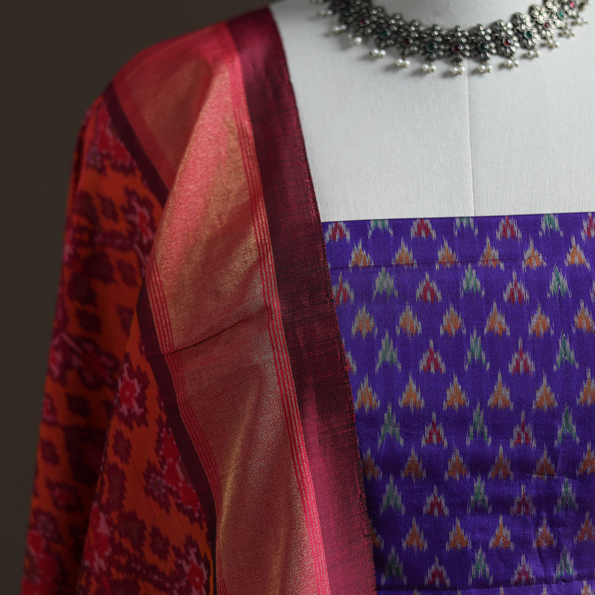 Pochampally Ikat Handloom Sico Unstitched Dress Material: Kurta with Dupatta 14