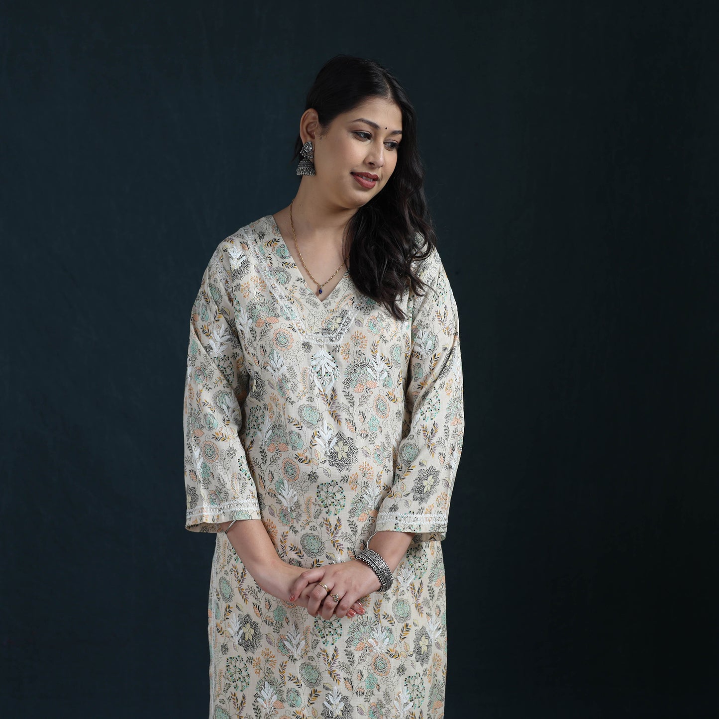 Beige - Hand Embroidered Printed Cotton Chikankari Kurta with Pant Set for Women 31