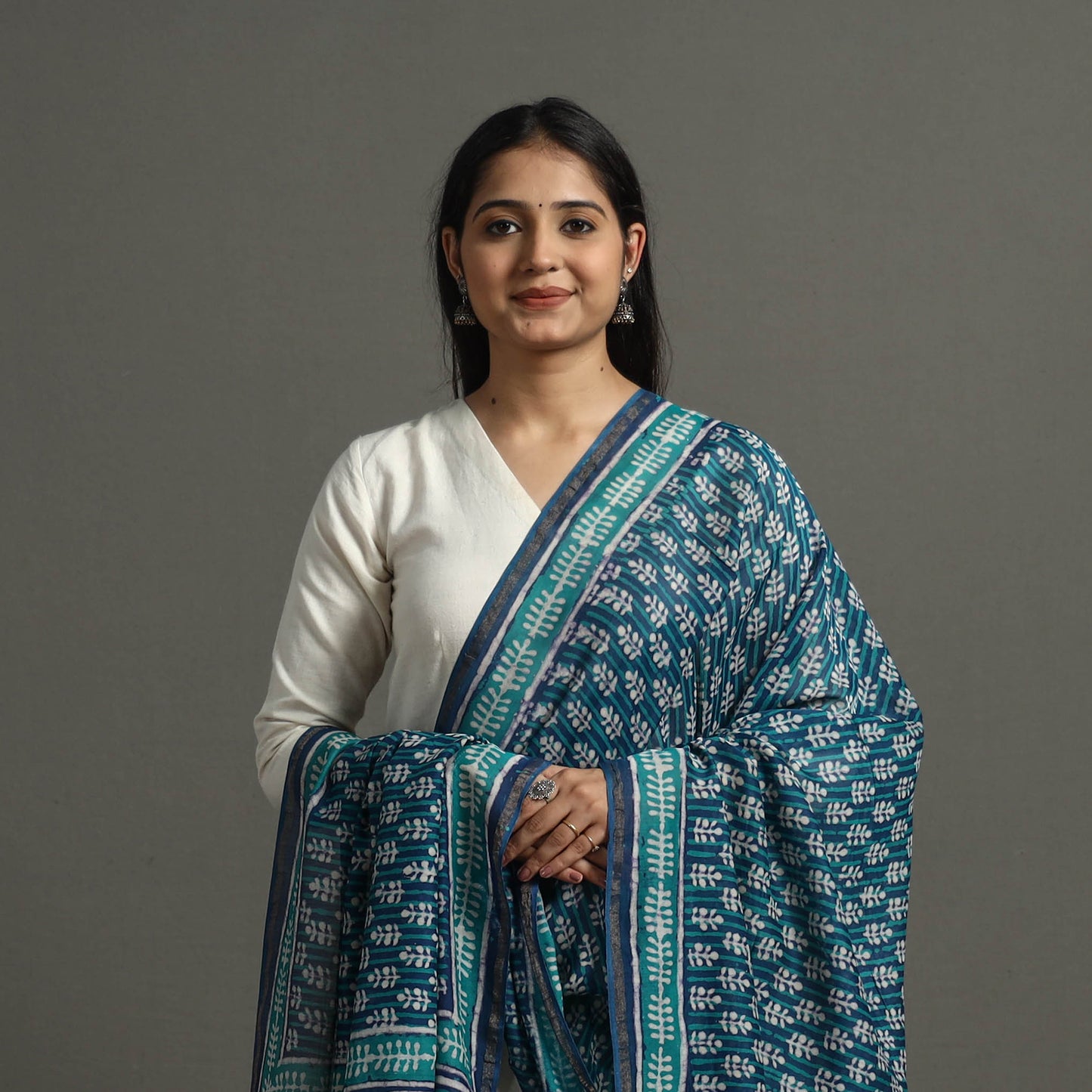 Blue - Block Printed Chanderi Silk Bagru Dupatta 35