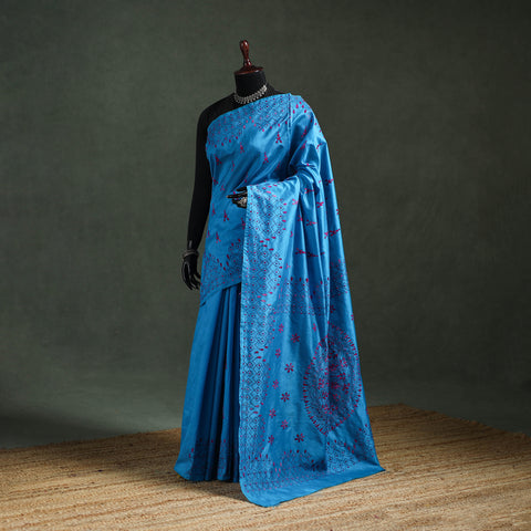 Blue - Bengal Nakshi Kantha Hand Embroidered Silk Saree 34