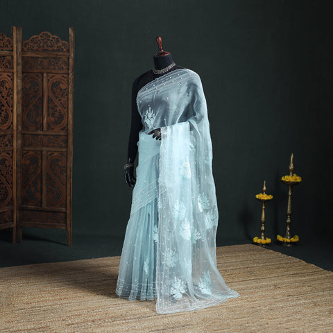 Lucknowi Chikankari Heavy Bead Work Pure Organza Silk Saree 10