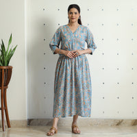 Light Blue - Sanganeri Block Printed Cotton Angrakha Flared Dress