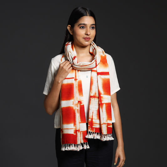 Orange - Kutch Handwoven Clamp Dyed Shibori Silk x Wool Stole with Tassels