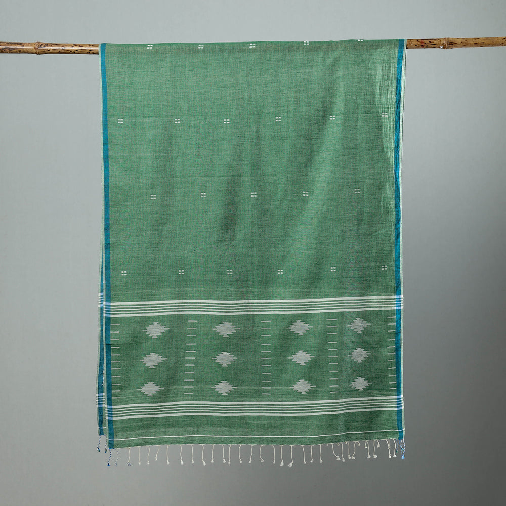 Green - Burdwan Jamdani Cotton Handloom Stole with Tassels 24