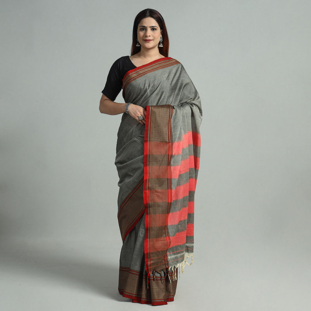 Grey - Dharwad Cotton Saree with Thread Border 17