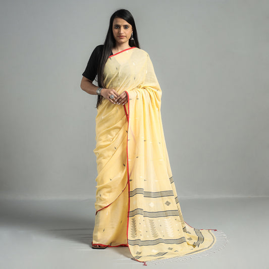 Yellow - Phulia Jamdani Handloom Cotton Saree with Tassels