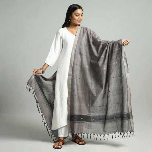 Grey - Godavari Jamdani Buti Handloom Handspun Cotton Dupatta with Tassels 16