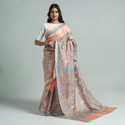 Peach -Bengal Kantha Hand Embroidery Pure Tussar Silk Handloom Saree