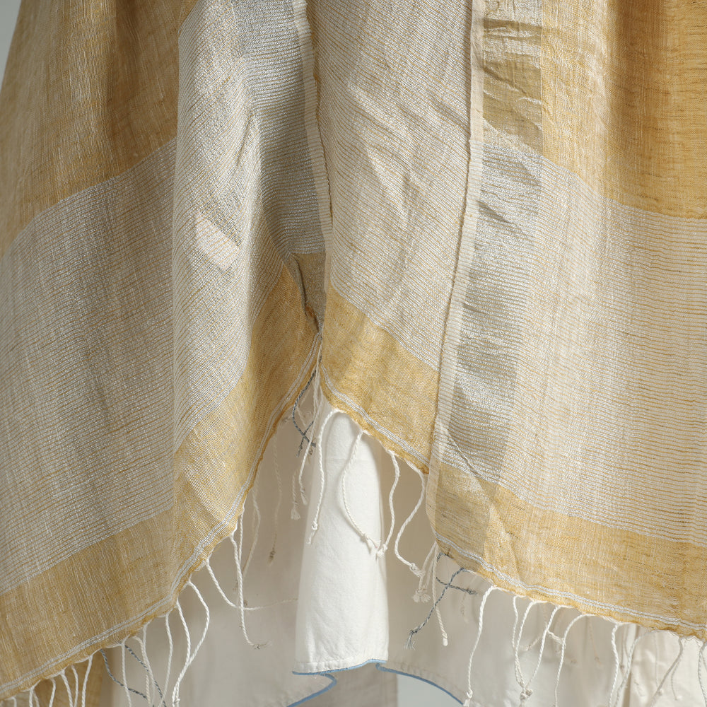 Beige - Bengal Jamdani Handloom Linen Dupatta with Tassels 20