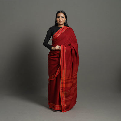 Red - Kumaun Handwoven Pure Merino Woolen Saree 06