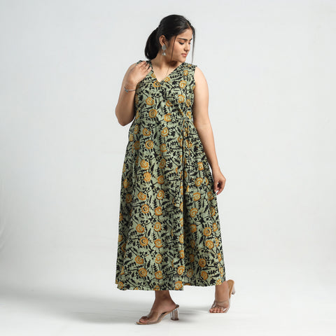 Green - Batik Printed Cotton Angrakha Sleeveless Flared Dress