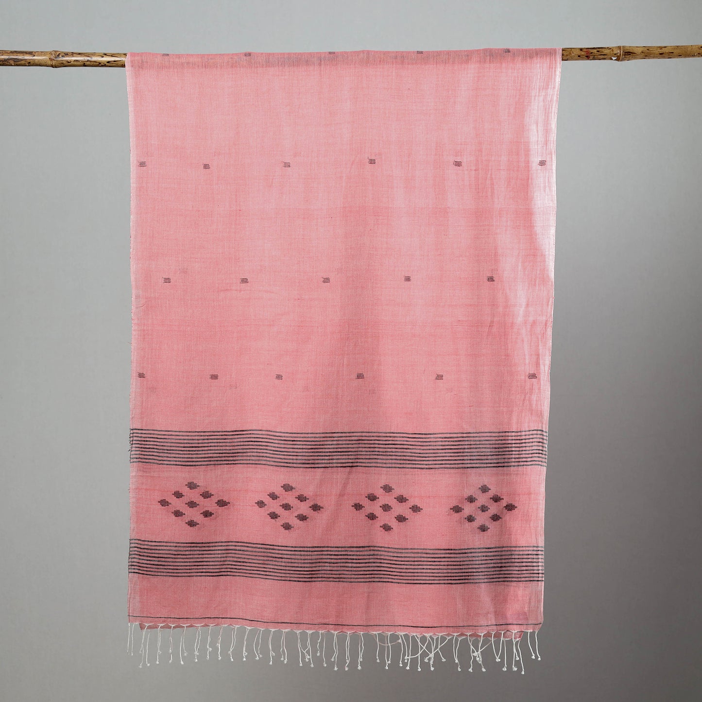 Pink - Burdwan Jamdani Cotton Handloom Stole with Tassels 26