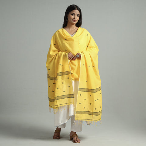 Yellow - Burdwan Jamdani Buti Handloom Pure Cotton Dupatta with Tassels 21