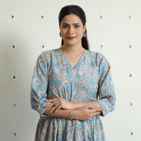 Light Blue - Sanganeri Block Printed Cotton Angrakha Flared Dress