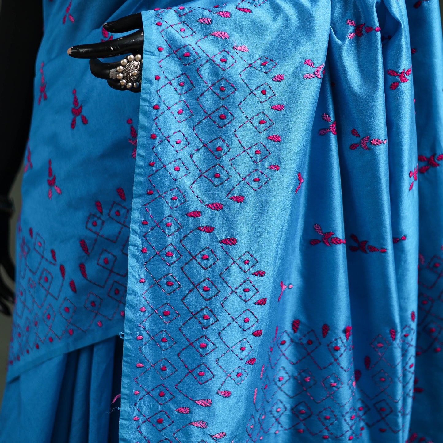 Blue - Bengal Nakshi Kantha Hand Embroidered Silk Saree 34