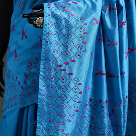 Blue - Bengal Nakshi Kantha Hand Embroidered Silk Saree 34