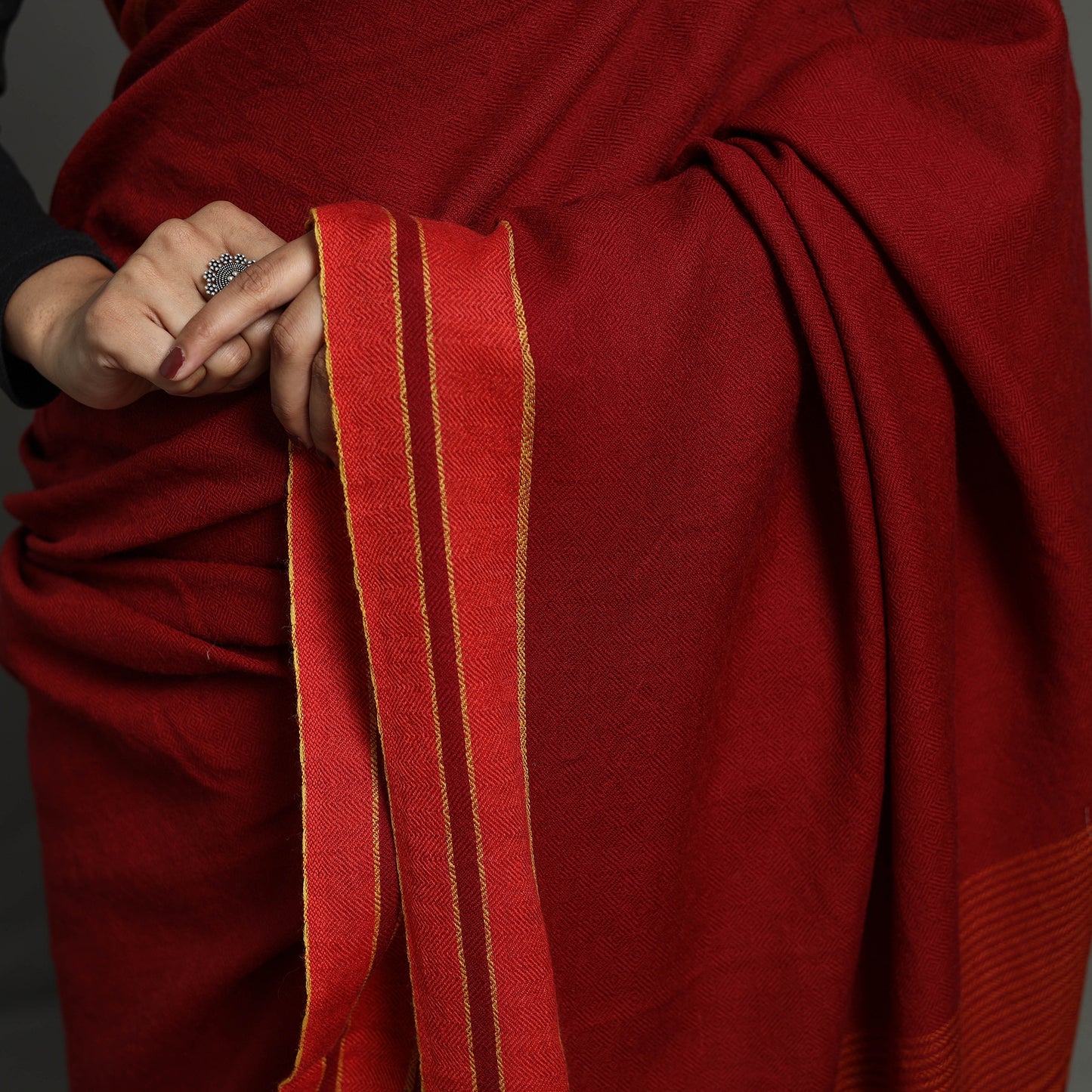 Red - Kumaun Handwoven Pure Merino Woolen Saree 06