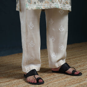 Beige - Hand Embroidered Printed Cotton Chikankari Kurta with Pant Set for Women 31