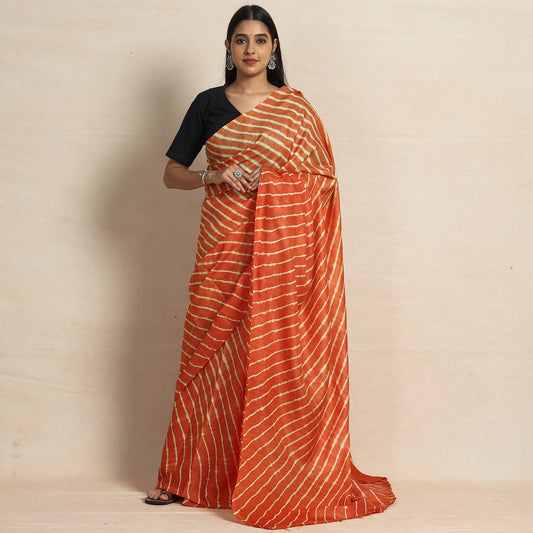 Orange - Leheriya Tie-Dye Tussar Silk Handloom Saree