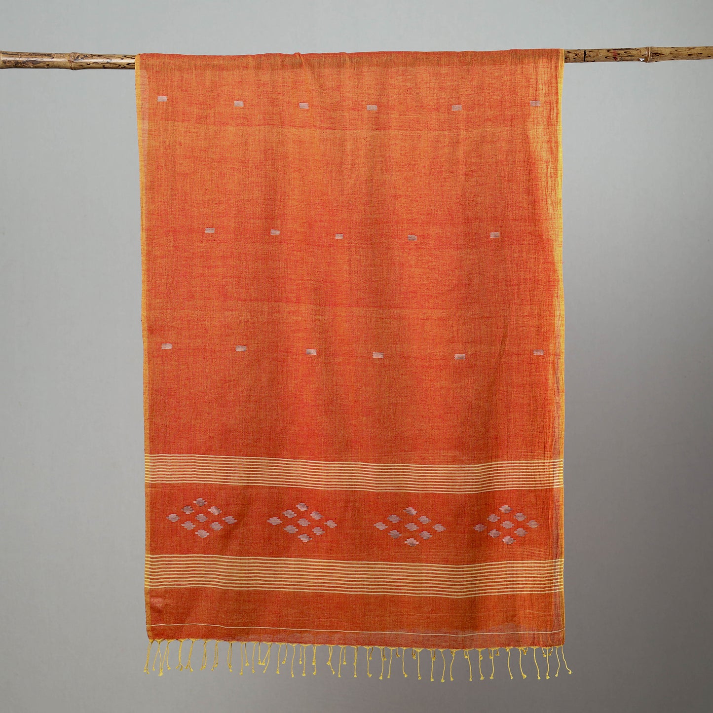 Orange - Burdwan Jamdani Cotton Handloom Stole with Tassels 27